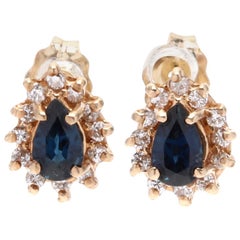 14 Karat Yellow Gold, Sapphire and Diamond Stud Earrings