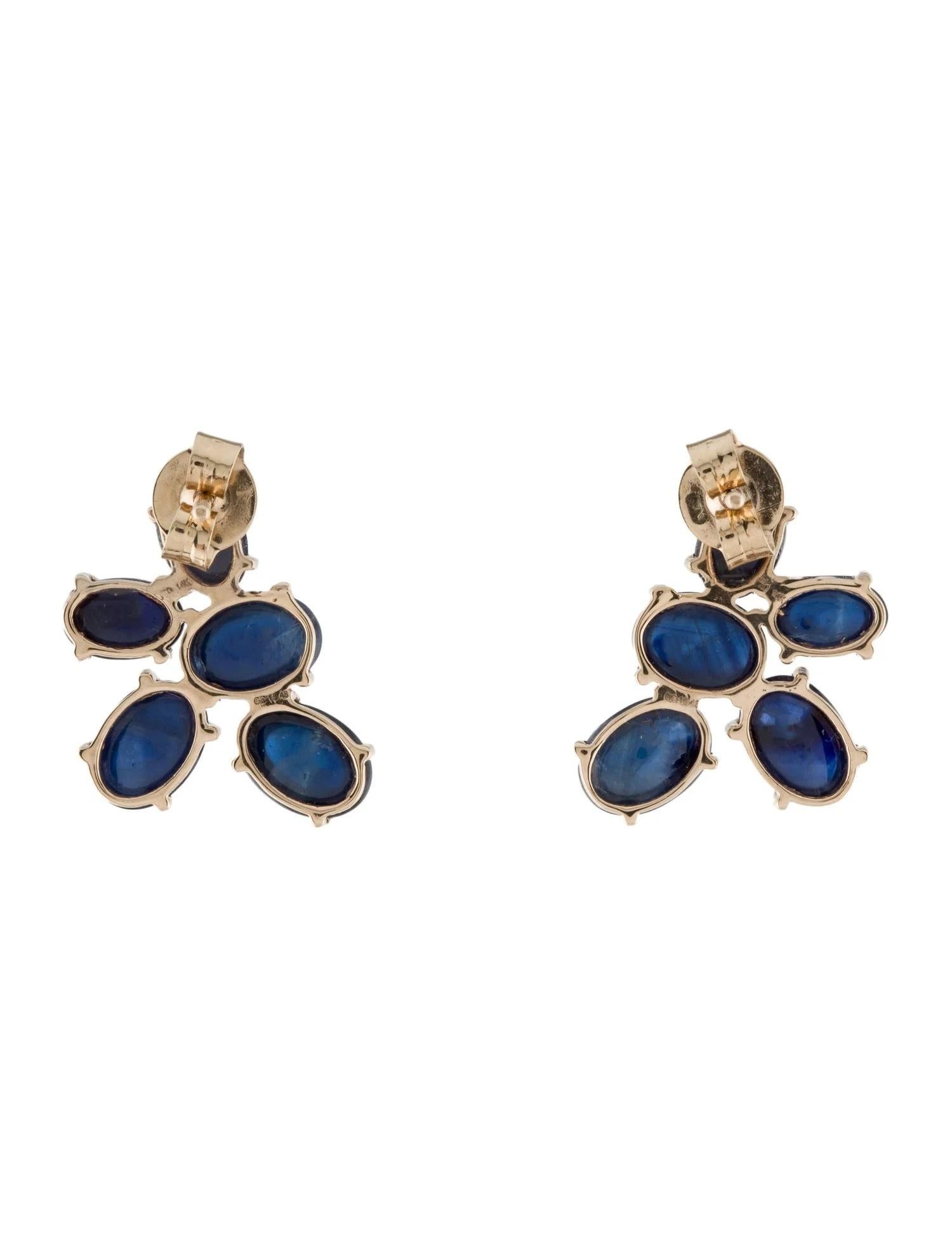 Artist 14K Yellow Gold Sapphire Drop Stud Earrings, 10.44ctw Oval Cabochon Blue Stones For Sale