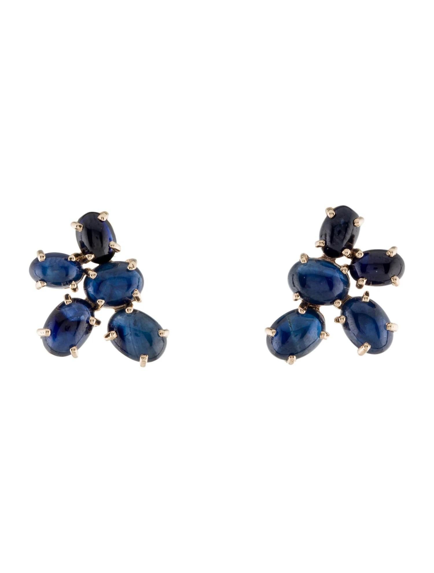 Oval Cut 14K Yellow Gold Sapphire Drop Stud Earrings, 10.44ctw Oval Cabochon Blue Stones For Sale