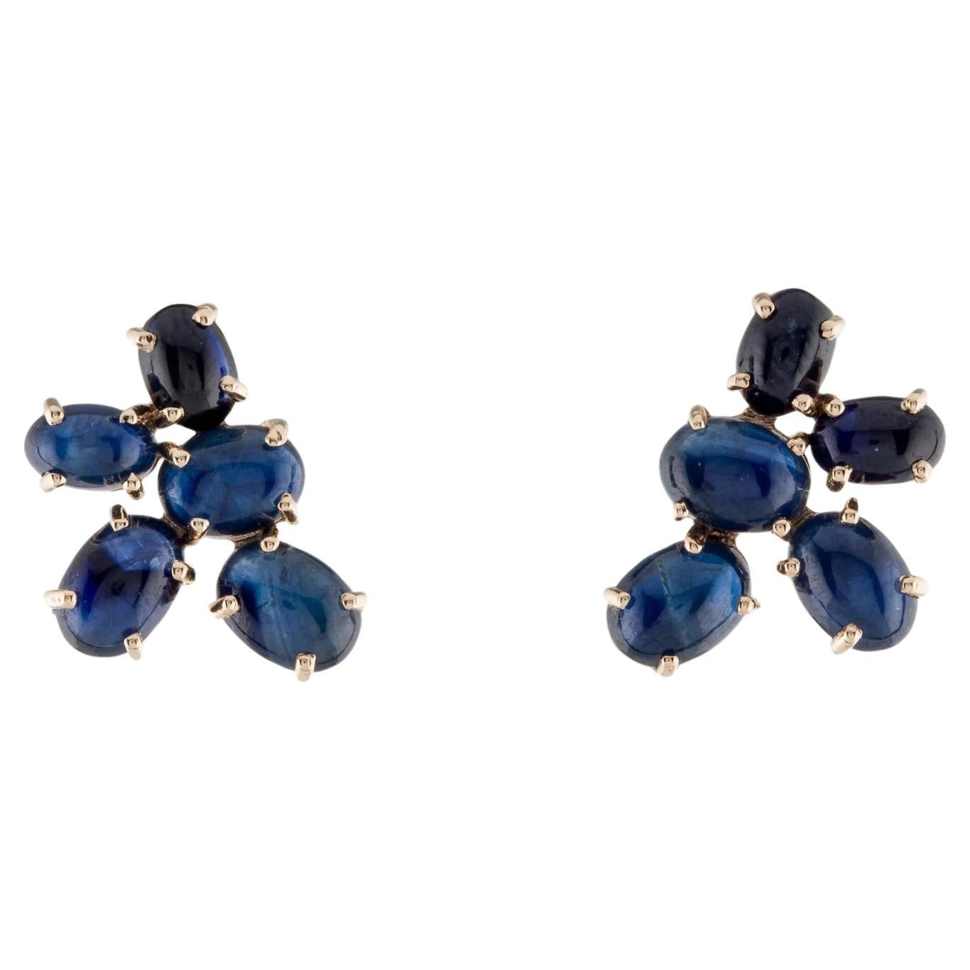 14K Yellow Gold Sapphire Drop Stud Earrings, 10.44ctw Oval Cabochon Blue Stones For Sale
