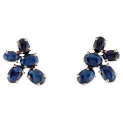 Clous d'oreilles pendantes en or jaune 14 carats avec saphirs cabochons bleus ovales 10,44 carats