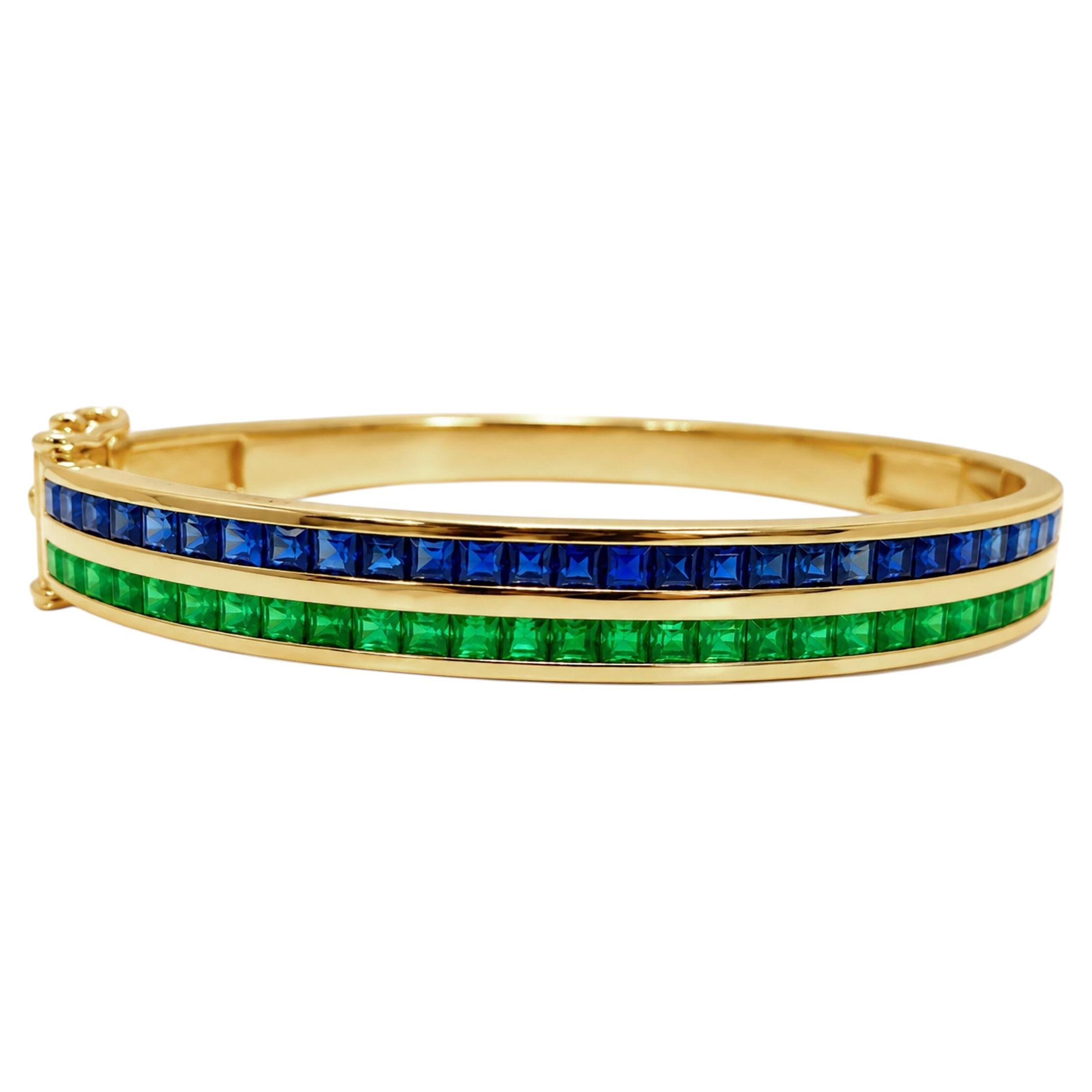 14K Yellow Gold Sapphire & Emerald Bangle 4.50 Carat Modern Bangle 2.4 Size