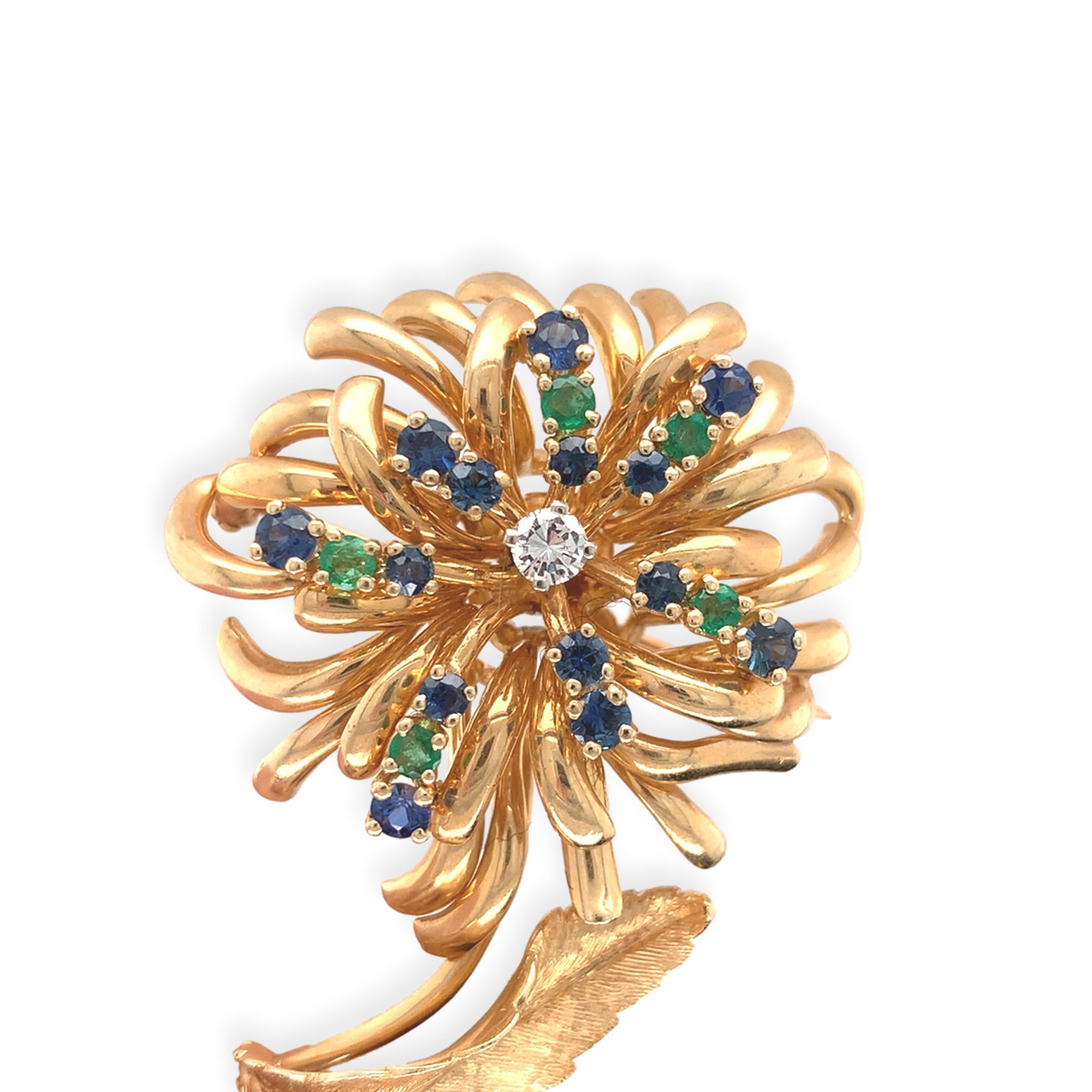 Brilliant Cut 14K Yellow Gold Sapphire, Emerald & Diamond Flower Pin by Dan Frere For Sale