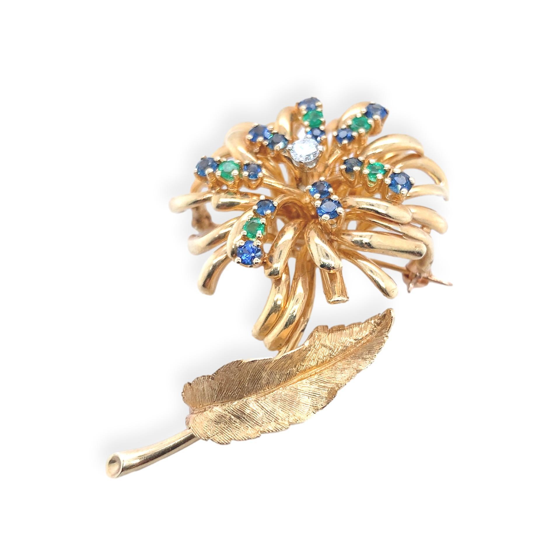 14K Yellow Gold Sapphire, Emerald & Diamond Flower Pin by Dan Frere In Good Condition For Sale In Big Bend, WI