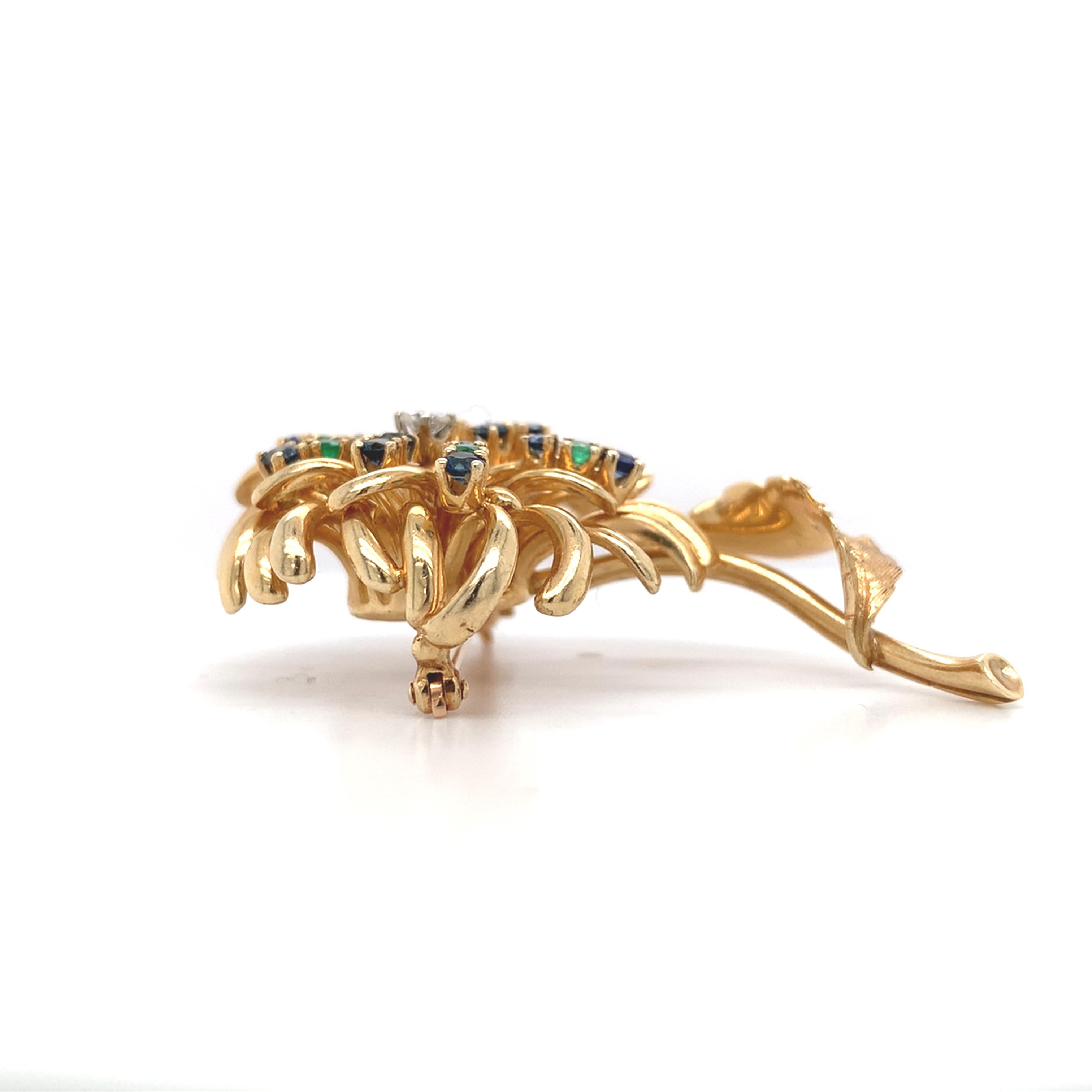 Women's 14K Yellow Gold Sapphire, Emerald & Diamond Flower Pin by Dan Frere For Sale