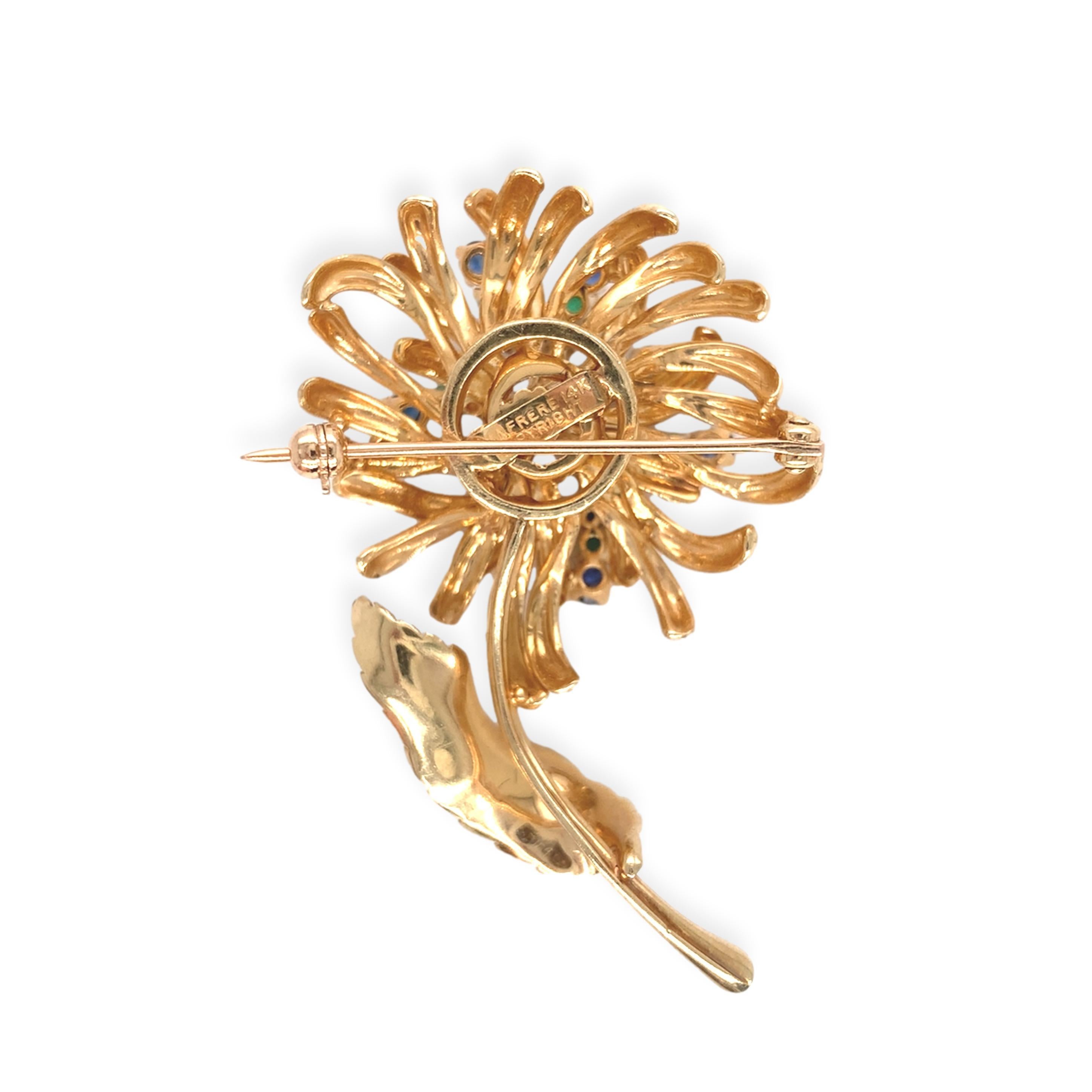 14K Yellow Gold Sapphire, Emerald & Diamond Flower Pin by Dan Frere For Sale 1