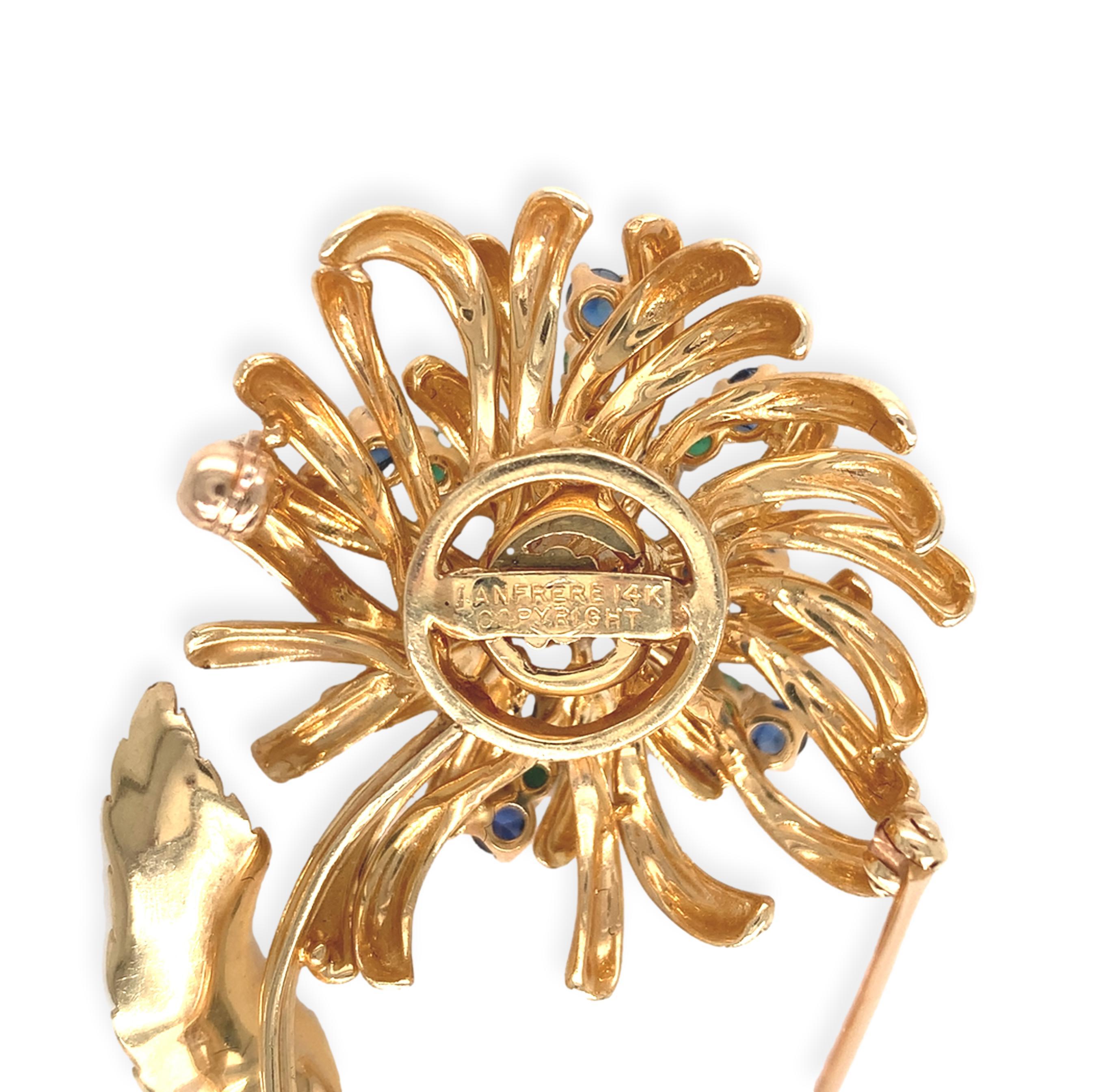 14K Yellow Gold Sapphire, Emerald & Diamond Flower Pin by Dan Frere For Sale 2