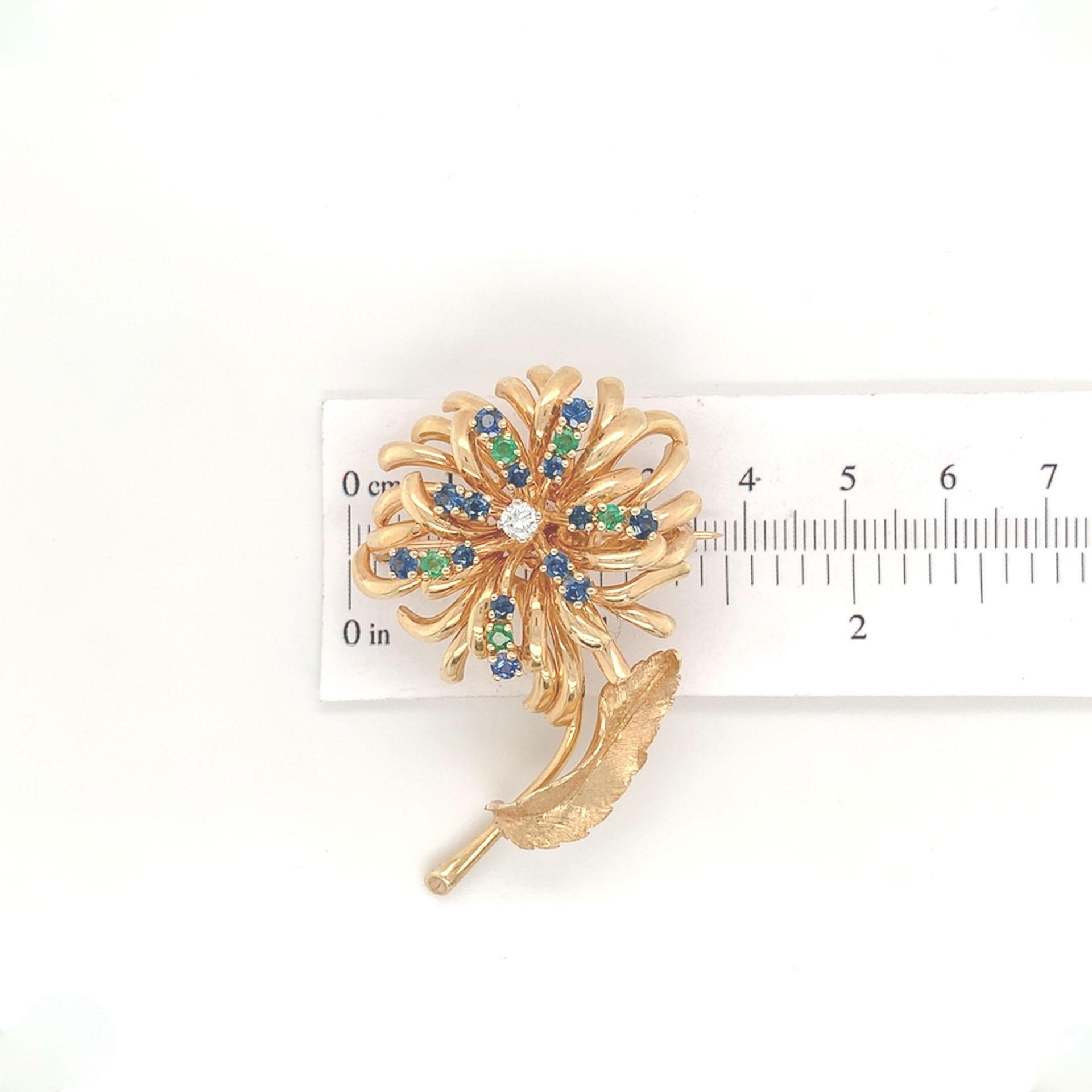 14K Yellow Gold Sapphire, Emerald & Diamond Flower Pin by Dan Frere For Sale 3