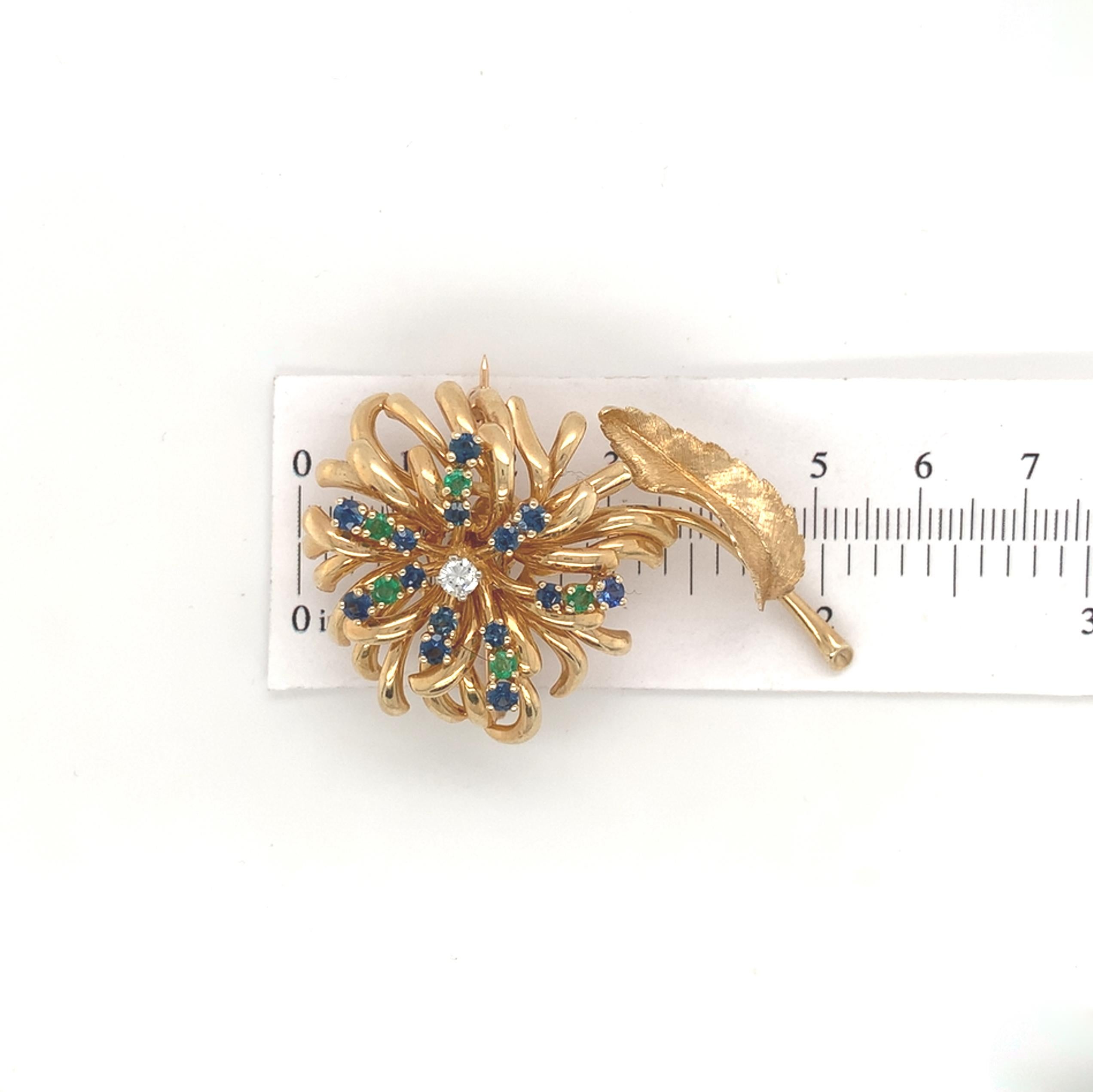 14K Yellow Gold Sapphire, Emerald & Diamond Flower Pin by Dan Frere For Sale 4