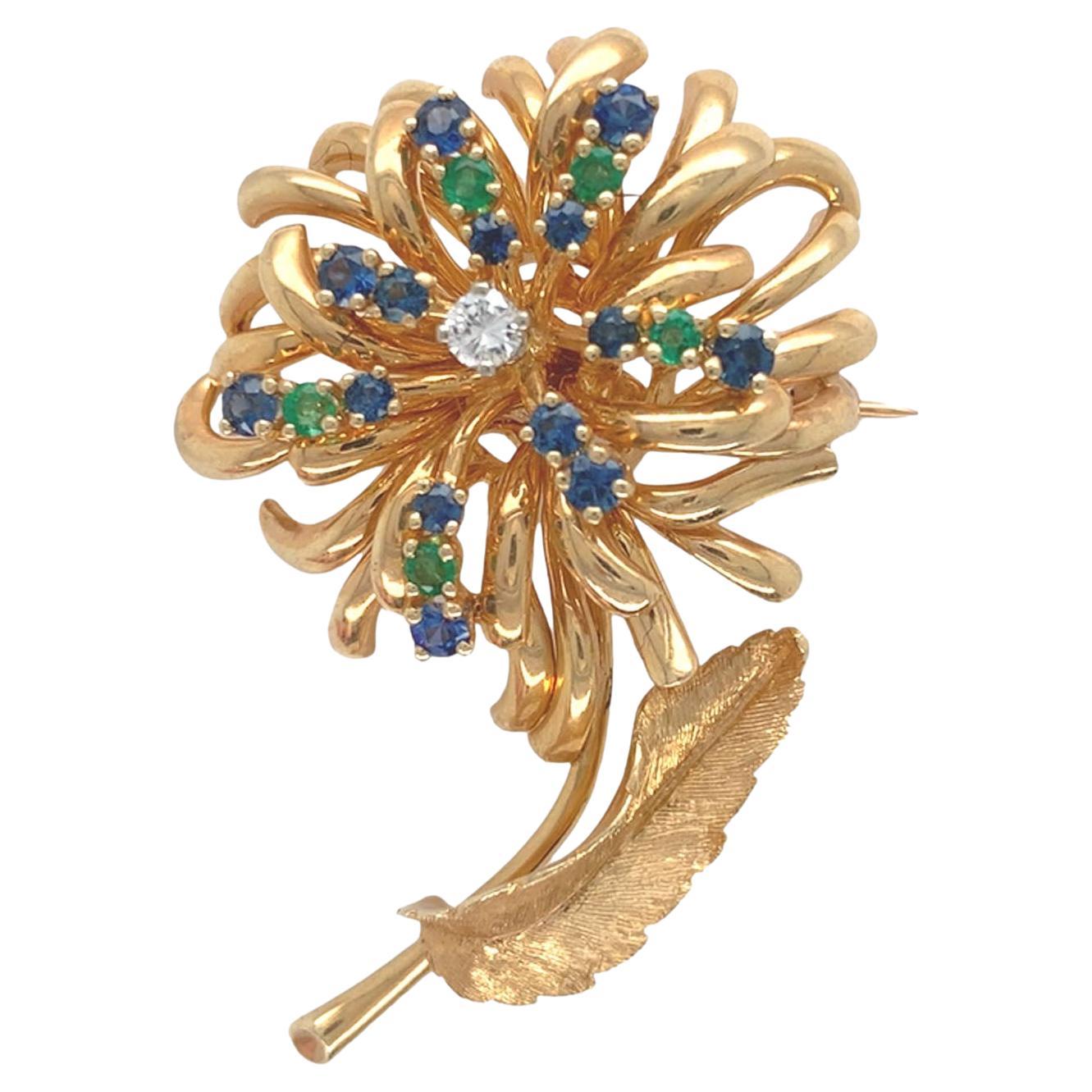 14K Yellow Gold Sapphire, Emerald & Diamond Flower Pin by Dan Frere