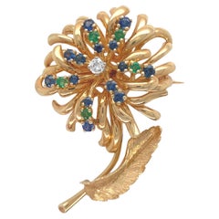 14K Yellow Gold Sapphire, Emerald & Diamond Flower Pin by Dan Frere