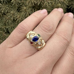 14k Yellow Gold Sapphire Emerald Ruby & Diamond Matte Finish Puffed Band Ring