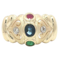 14k Yellow Gold Sapphire Emerald Ruby & Diamond Matte Finish Puffed Band Ring