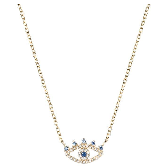 Evil Eye Pave Blue Sapphire 14K Yellow Gold Necklace