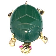 14k Yellow Gold Sapphire Eyes Large Jade Back Turtle Brooch