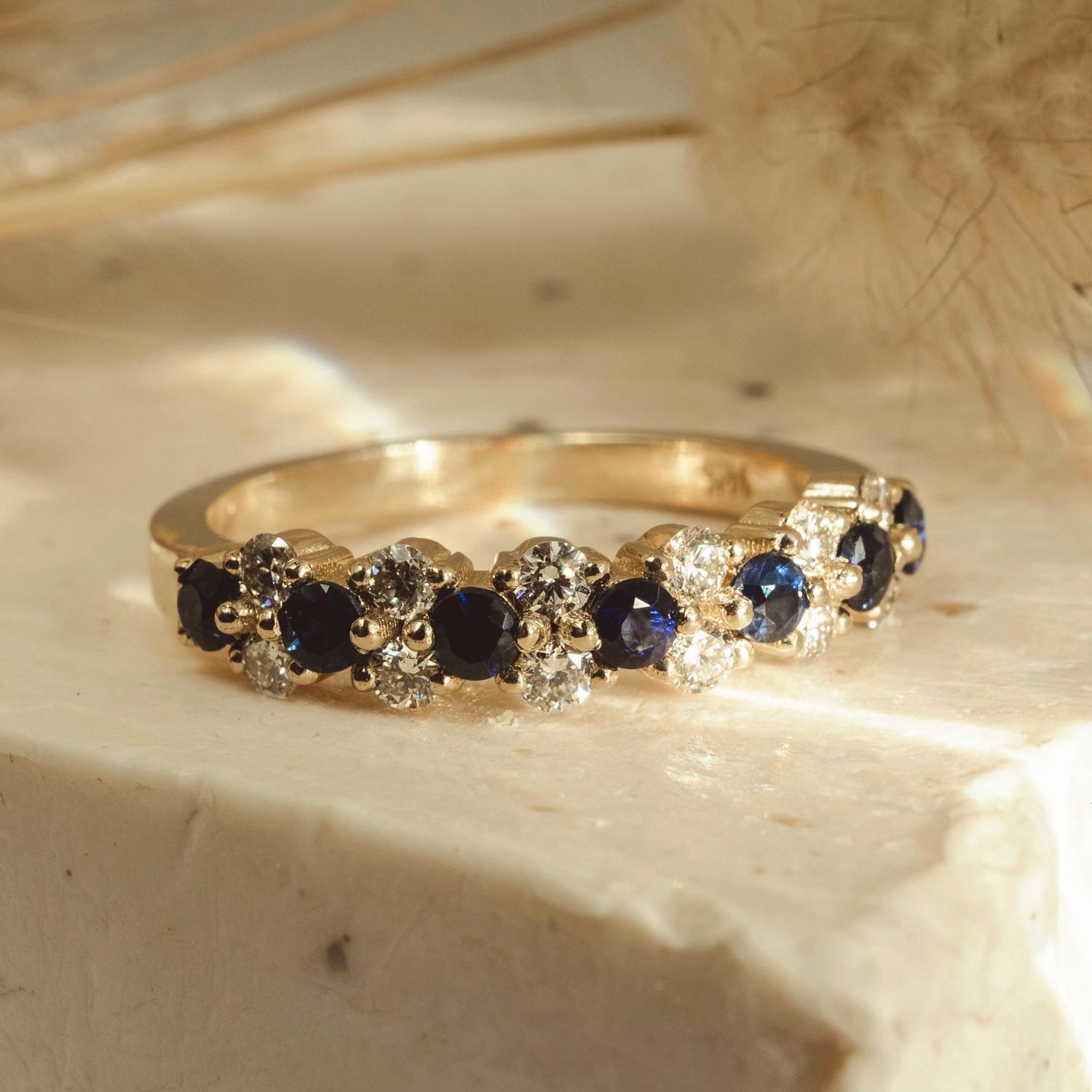 For Sale:  14k Yellow Gold Sapphire Hemera Cluster Ring, Blue Sapphire & Diamond '.4t.c.w' 6