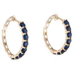 14K Yellow Gold Sapphire Hoop Earrings  Round Modified Brilliant Sapphires