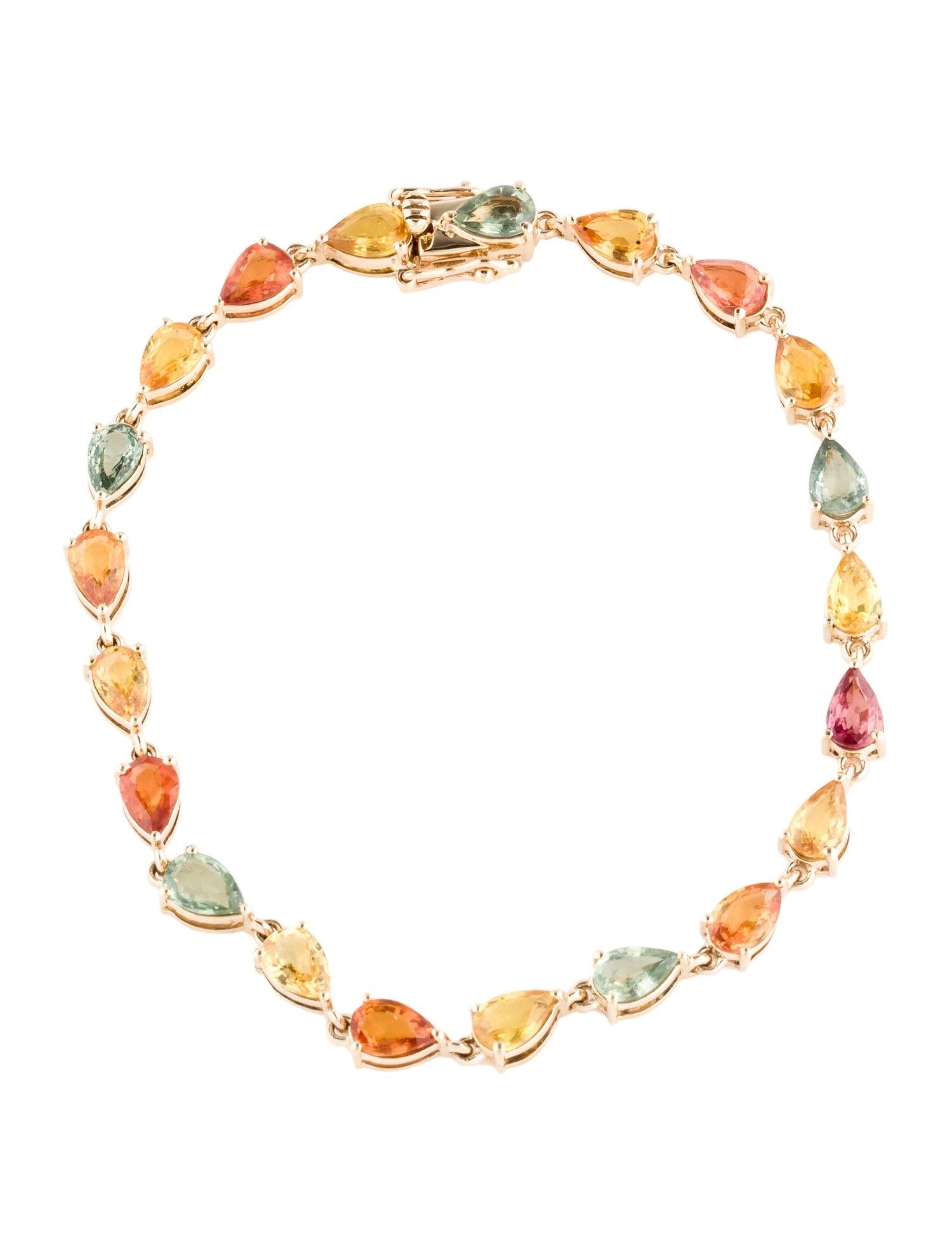 Introducing an exquisite 14K Yellow Gold Link Bracelet, beautifully adorned with a stunning array of 9.90 carats of Pear Brilliant Sapphires. This captivating piece features a vibrant selection of sapphires in orange, yellow, green, and blue hues,