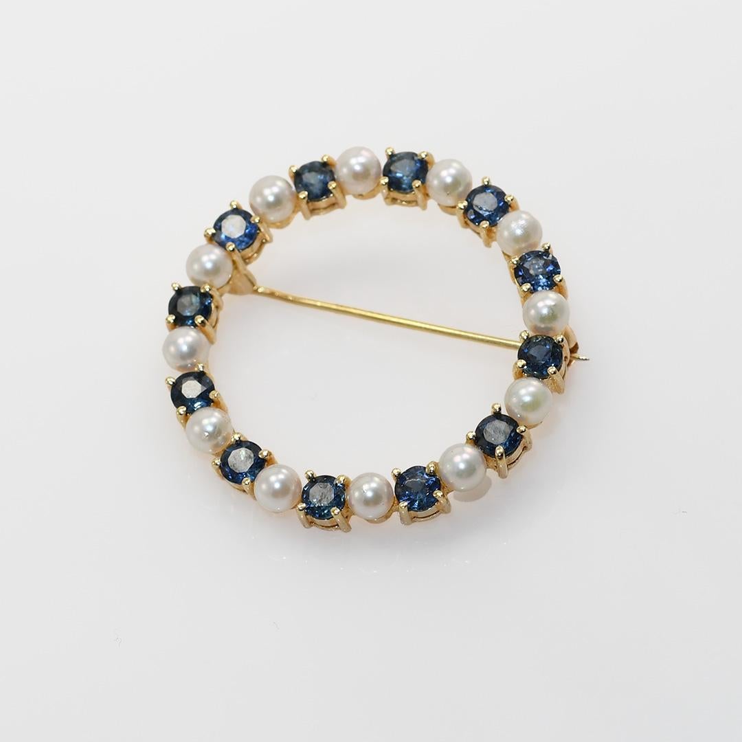 14K Yellow Gold Sapphire & Pearl Brooch, 1.20tcw, 4.2g In Excellent Condition For Sale In Laguna Beach, CA