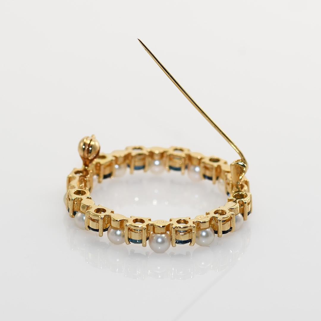 Women's or Men's 14K Yellow Gold Sapphire & Pearl Brooch, 1.20tcw, 4.2g For Sale