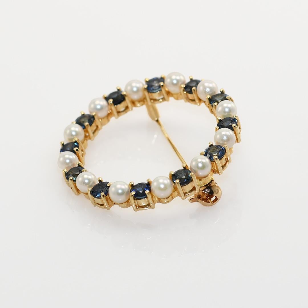 14K Yellow Gold Sapphire & Pearl Brooch, 1.20tcw, 4.2g For Sale 3