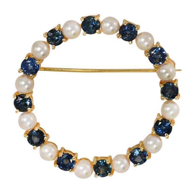 14K Gelbgold Saphir- und Perlenbrosche, 1,20tcw, 4.2g