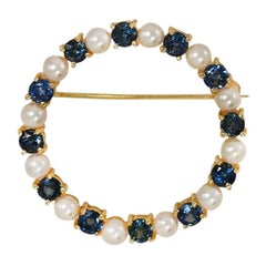 14K Gelbgold Saphir- und Perlenbrosche, 1,20tcw, 4.2g