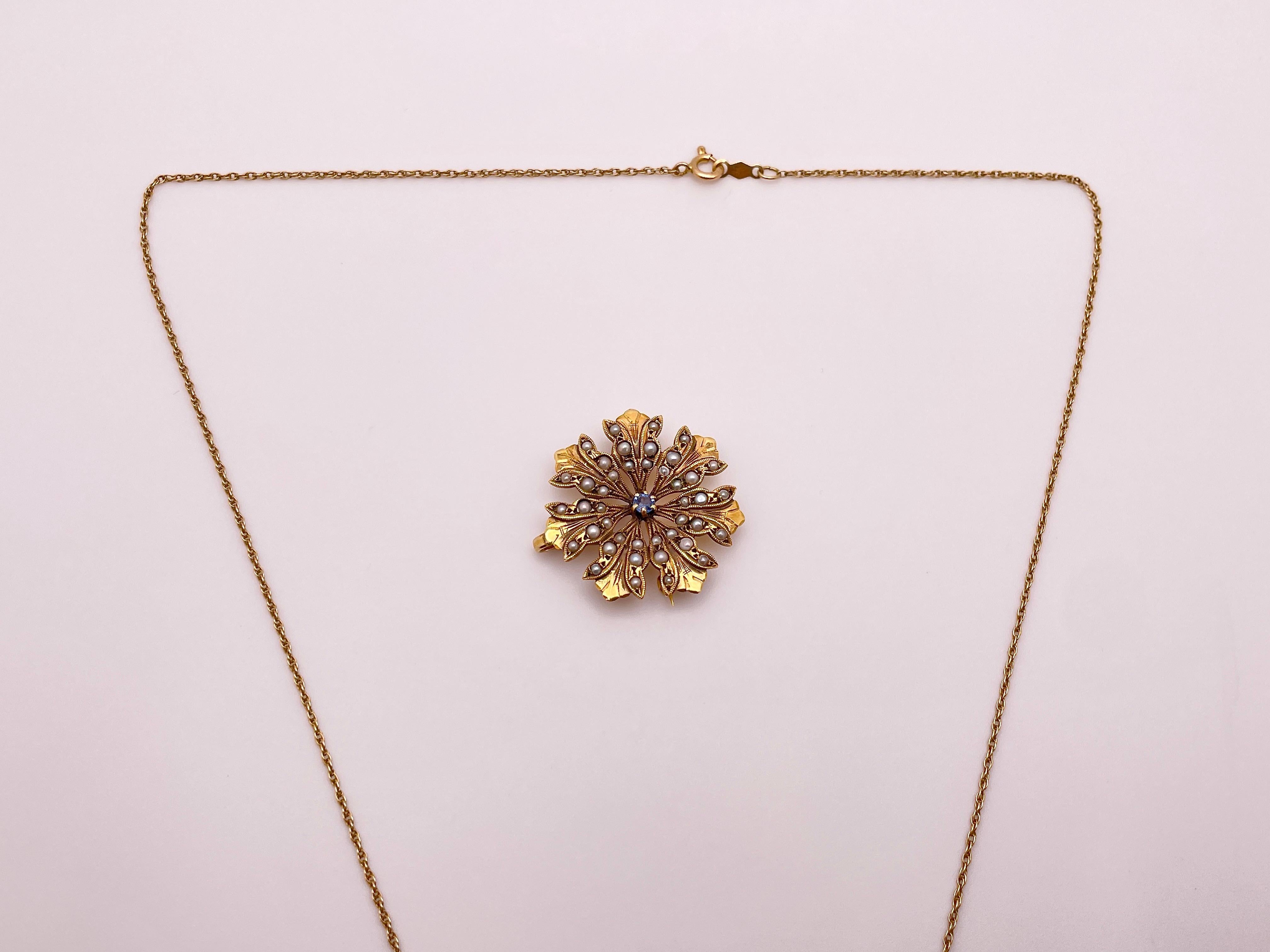 Pendentif broche floral en or jaune 14 carats, saphir, perle en vente 6