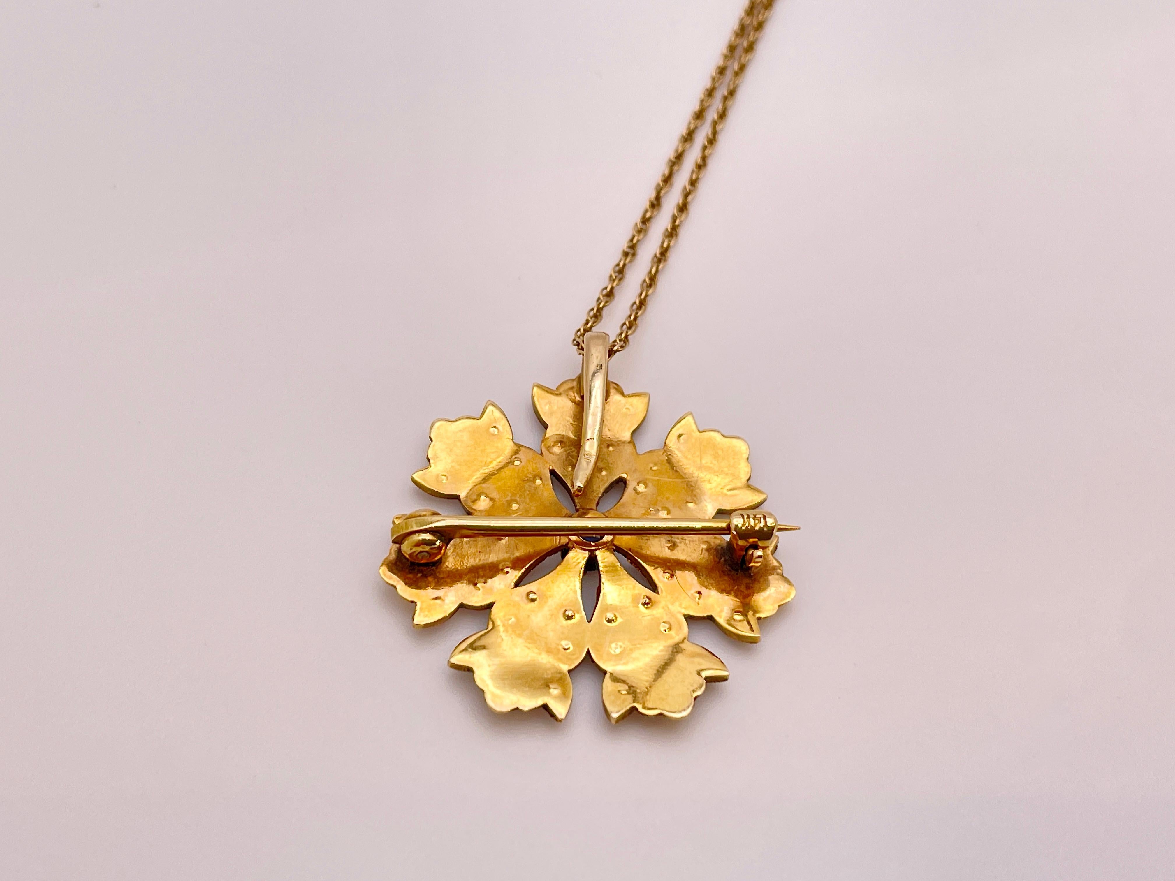 Pendentif broche floral en or jaune 14 carats, saphir, perle Unisexe en vente