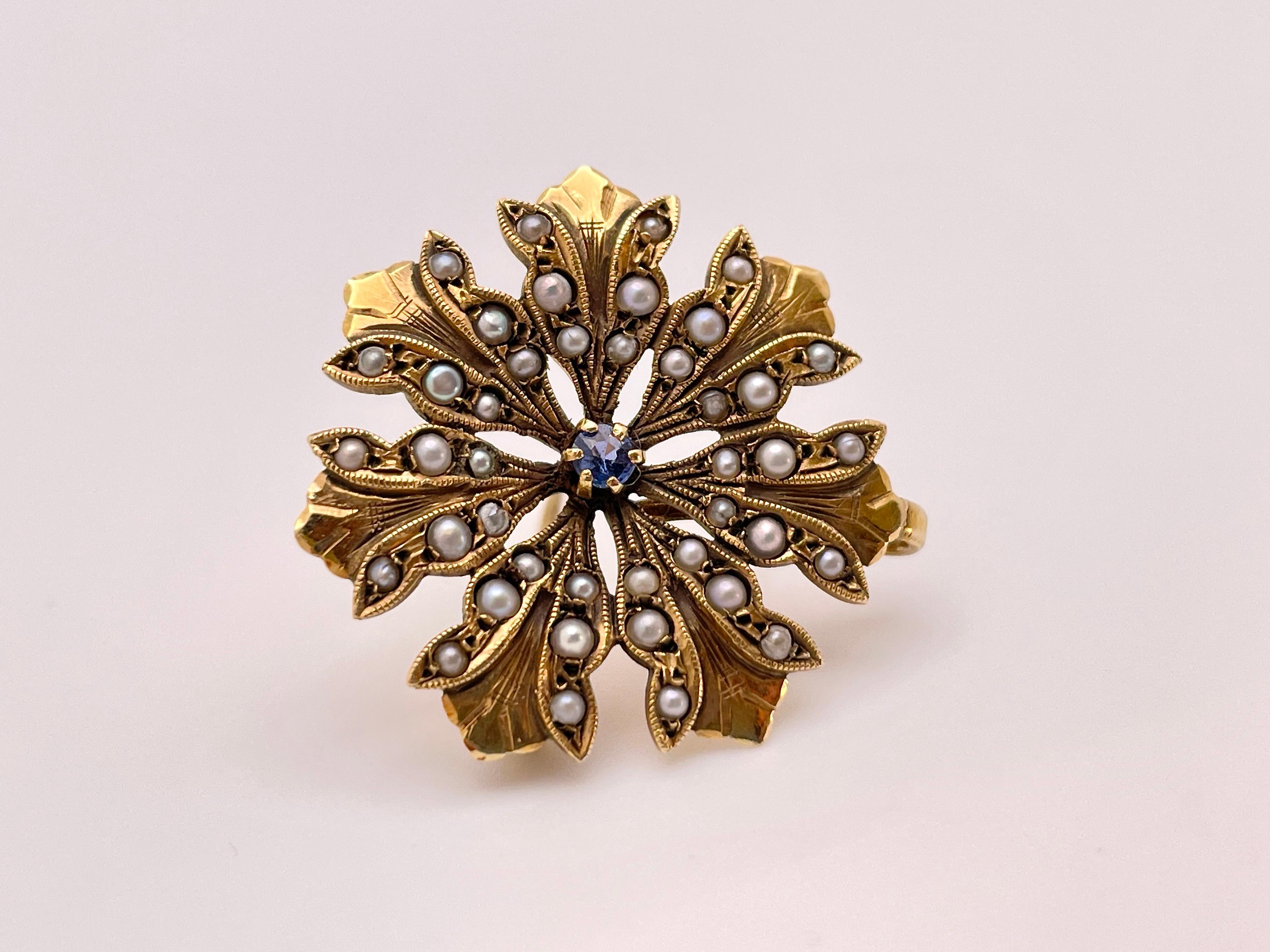14K Yellow Gold Sapphire Pearl Floral Brooch Pin Pendant For Sale 1