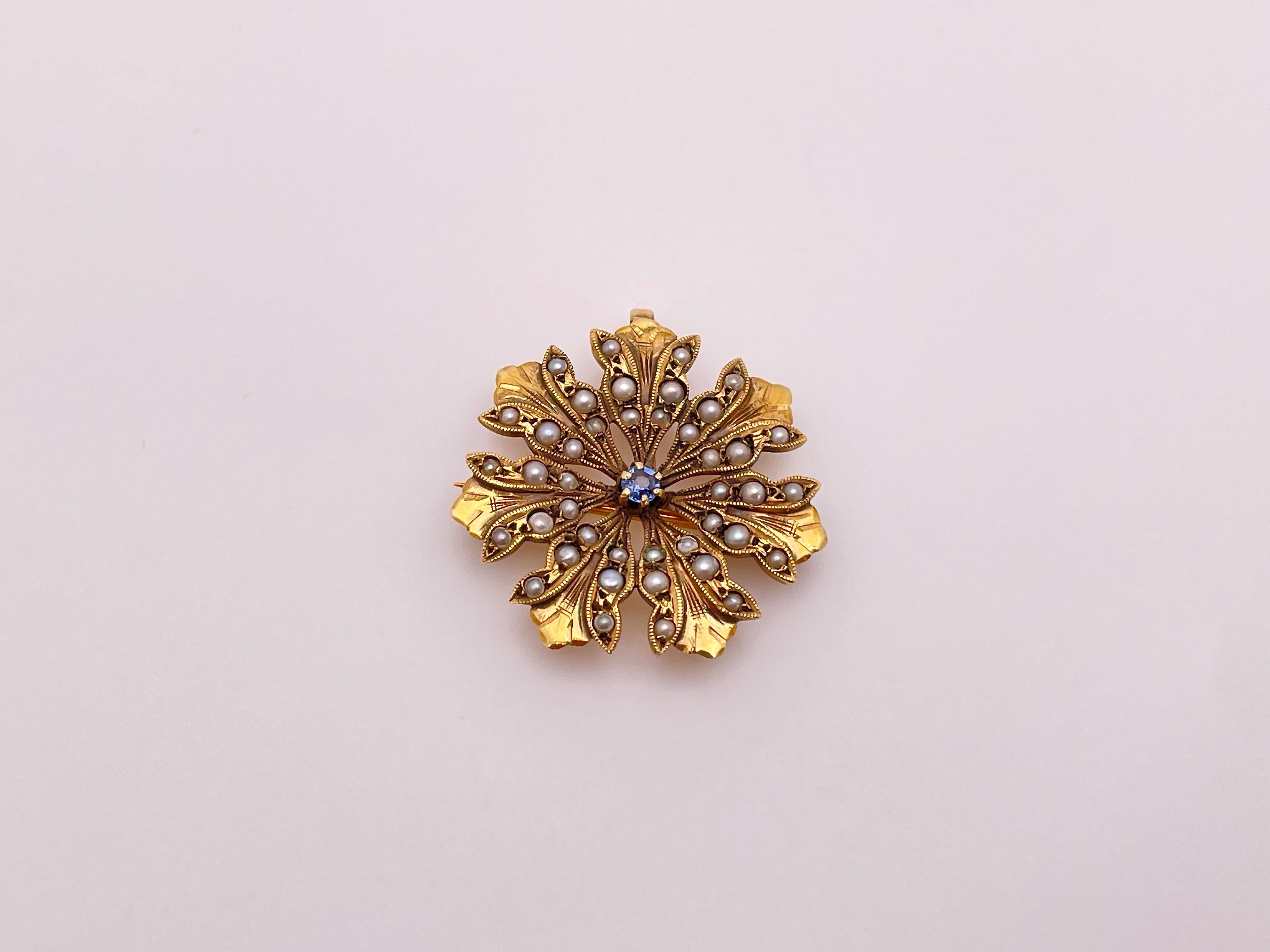 14K Yellow Gold Sapphire Pearl Floral Brooch Pin Pendant For Sale 2
