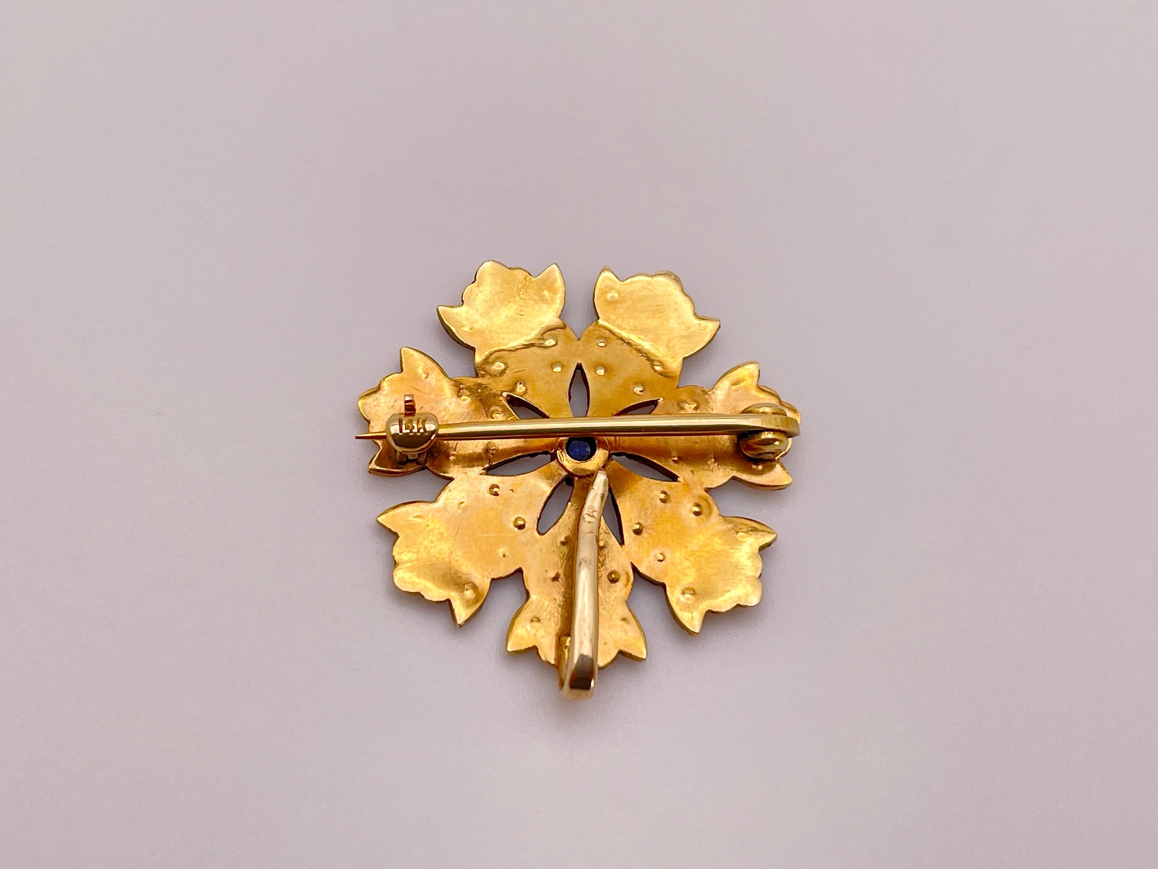 Pendentif broche floral en or jaune 14 carats, saphir, perle en vente 3