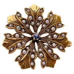 14K Yellow Gold Sapphire Pearl Floral Brooch Pin Pendant
