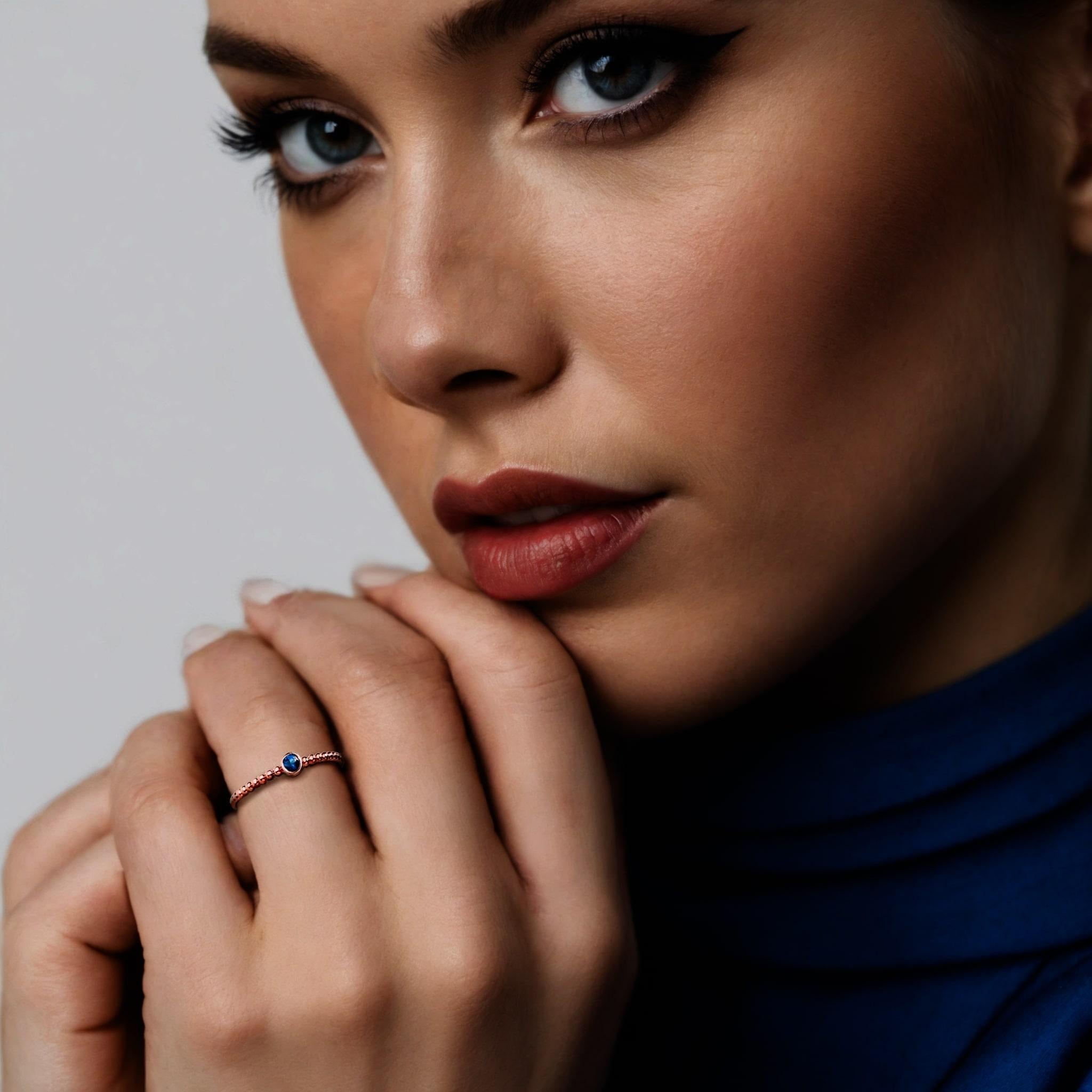 For Sale:  Beaded Band Round Sapphire 14K Rose Gold Ring 2