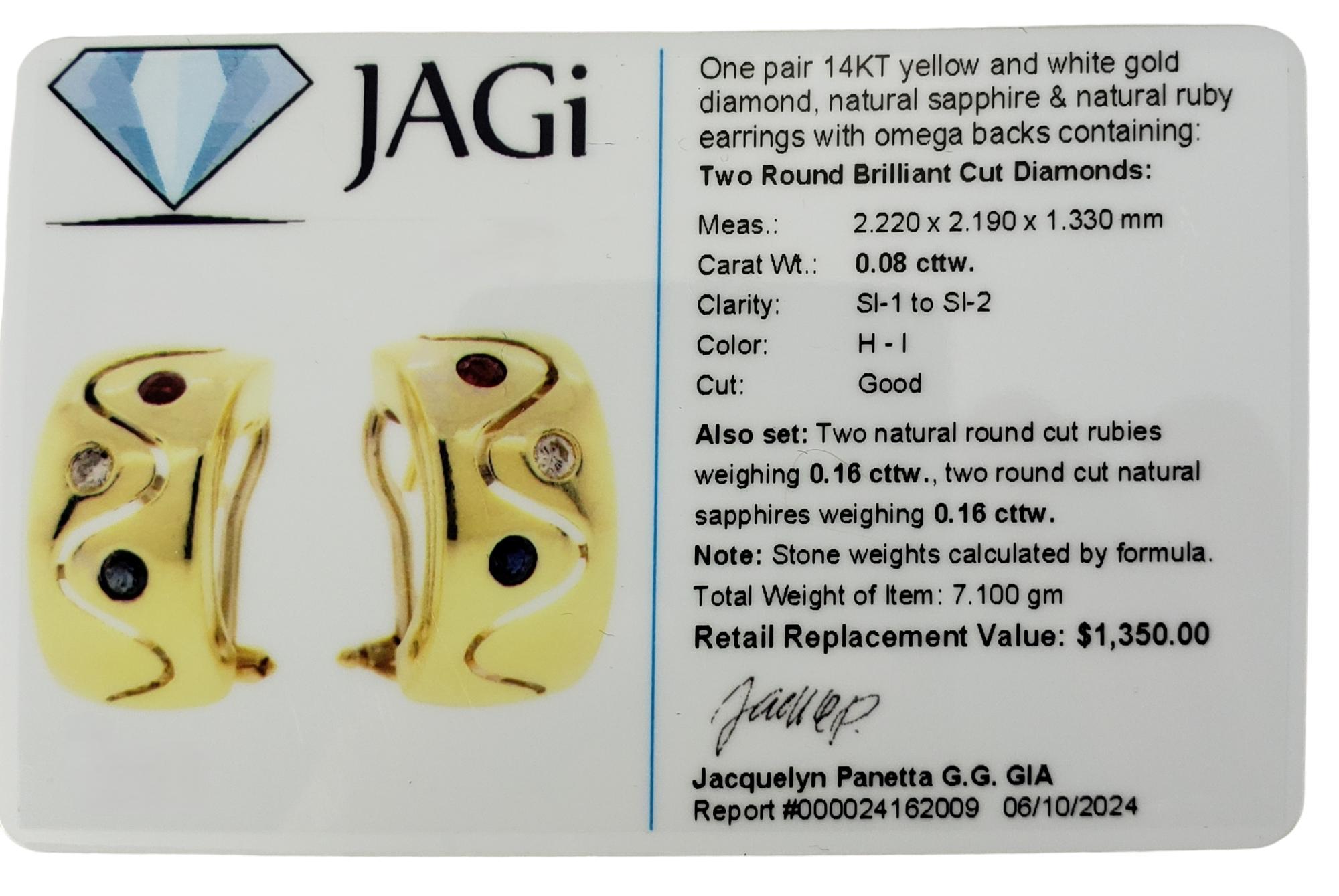 Orecchini a cerchio in oro giallo 14K con zaffiro, rubino e diamante #17871 in vendita 4