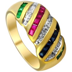 14 Karat Yellow Gold Sapphire, Ruby, Emerald, Diamond Ring