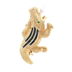 14k Yellow Gold Sapphire Textured Alligator Crocodile Brooch Pin Pendant