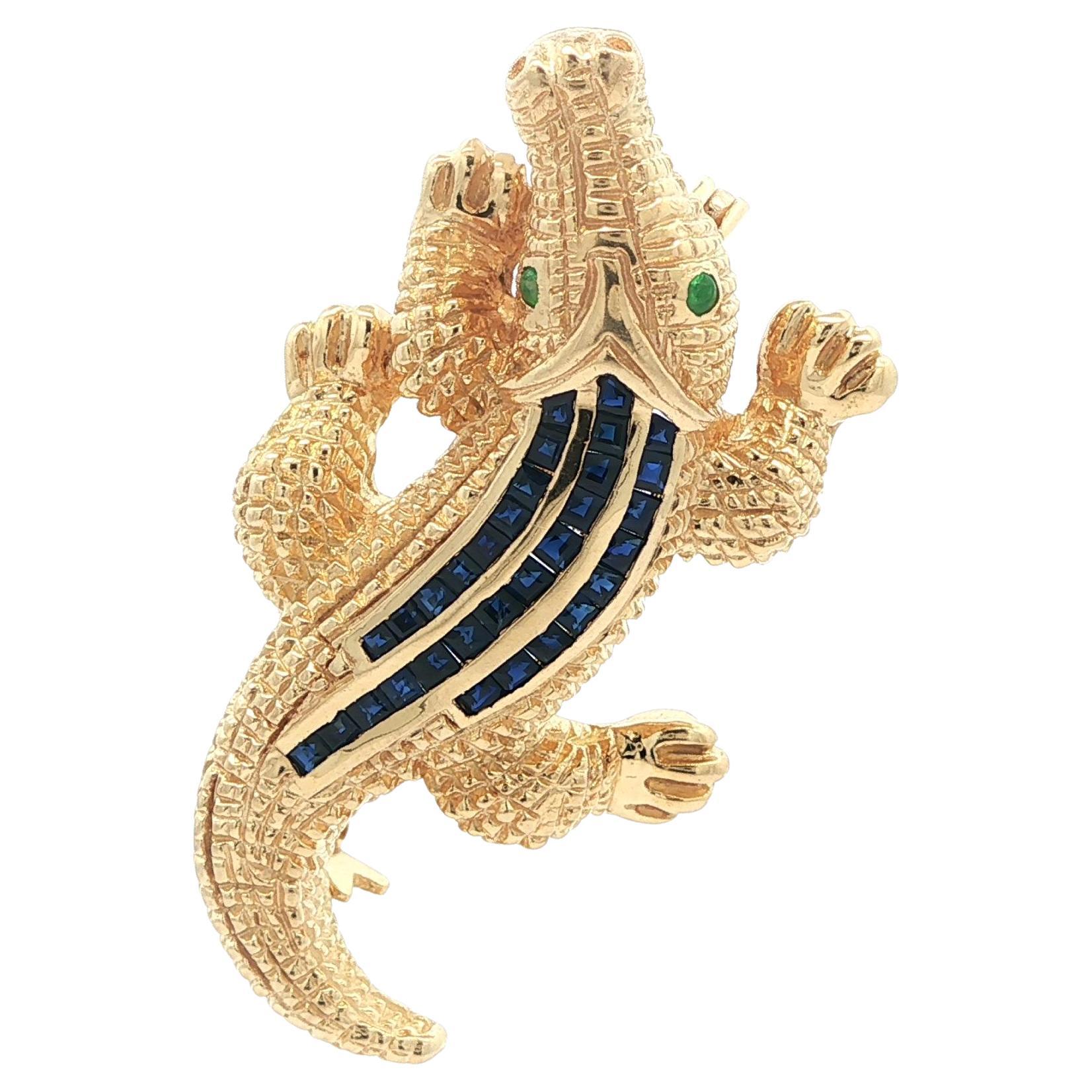 14k Gelbgold Saphir Texturierte Alligator Krokodil Brosche Pin Anhänger