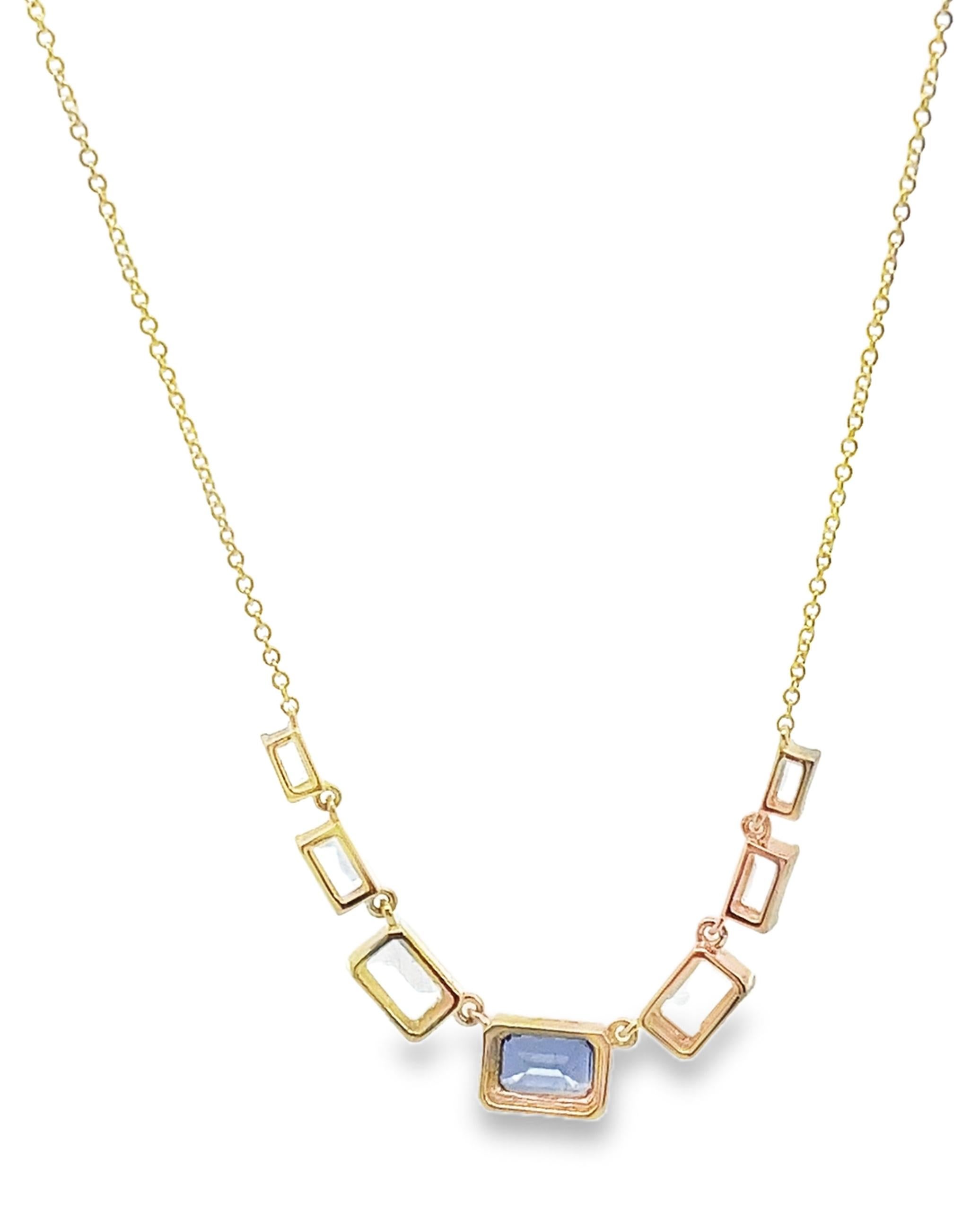 Baguette Cut Seven Station Sapphire & White Topaz Baguette Bib Necklace in 14K Yellow Gold For Sale