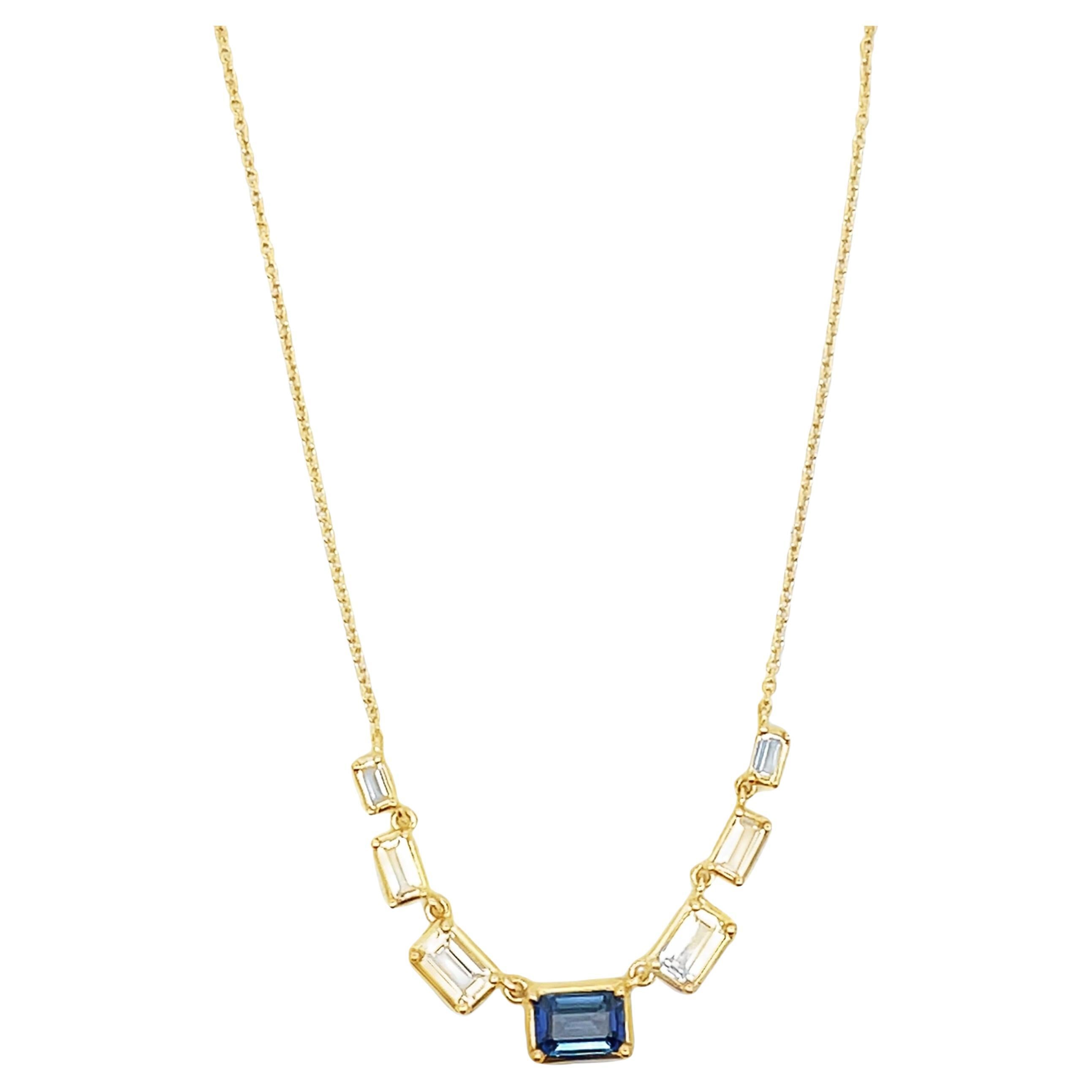 Seven Station Sapphire & White Topaz Baguette Bib Necklace in 14K Yellow Gold For Sale