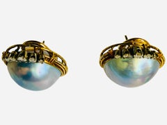 14k Yellow Gold Sapphires and Mabe Pearl Pair of Earrings