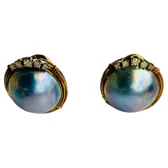  14k Yellow Gold Sapphires and Mabe Pearl Pair of Earrings