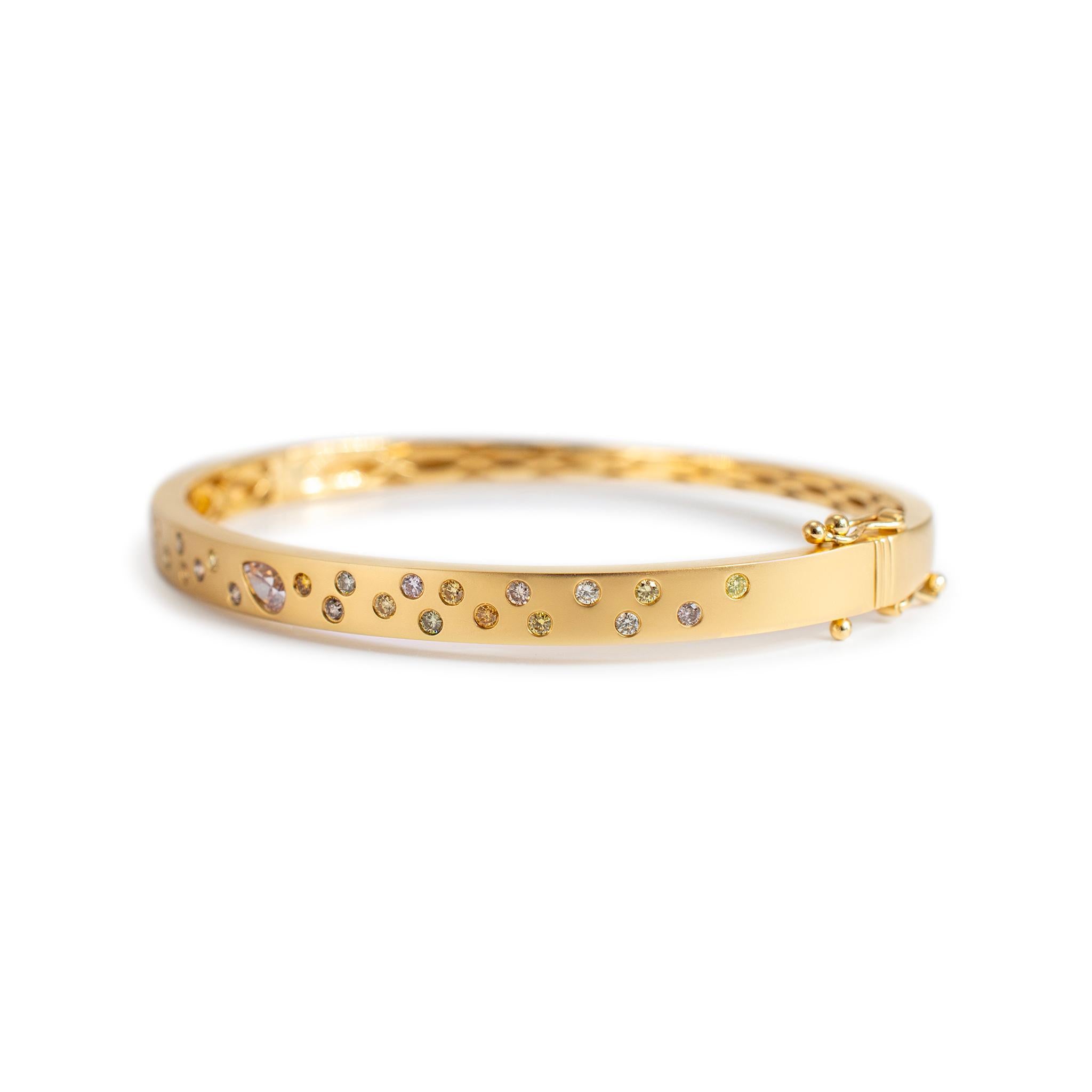 Pear Cut 14K Yellow Gold Satin Finished Flush Set Fancy Colored Diamond Bangle Bracelet