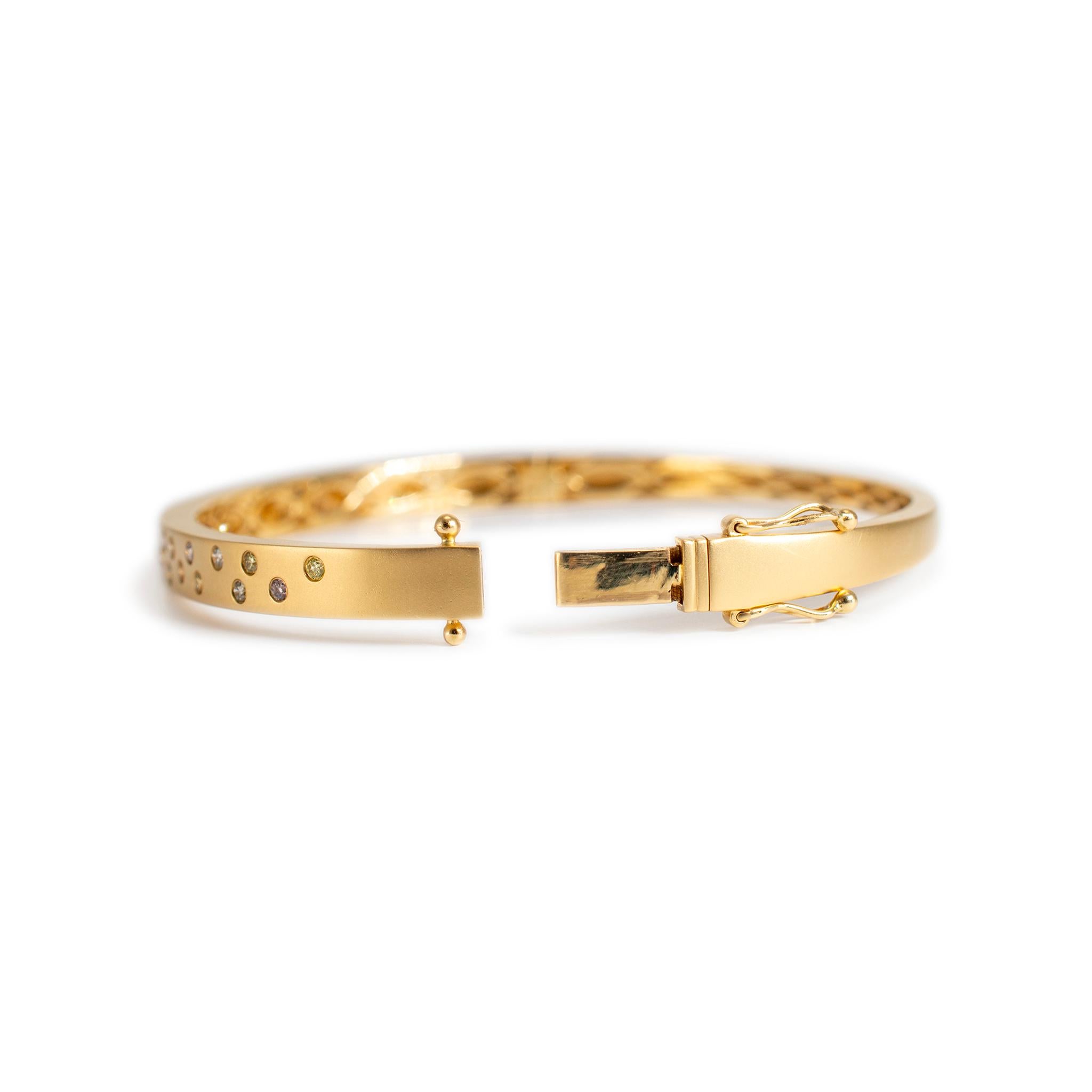 Women's 14K Yellow Gold Satin Finished Flush Set Fancy Colored Diamond Bangle Bracelet