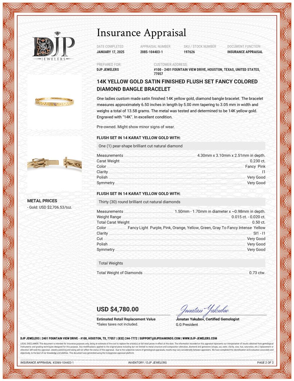 14K Yellow Gold Satin Finished Flush Set Fancy Colored Diamond Bangle Bracelet 1