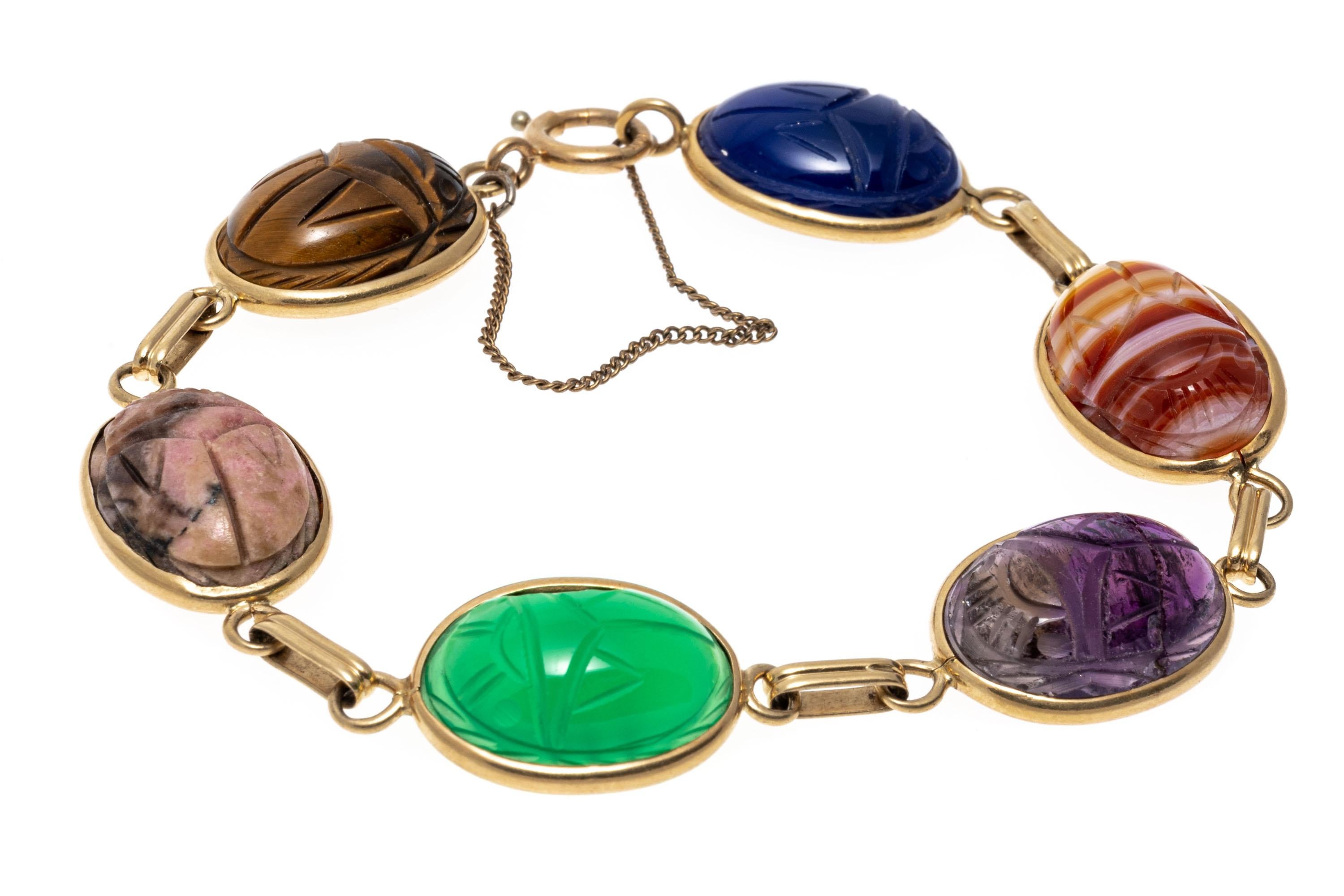 Oval Cut 14k Yellow Gold Tigers Eye, Chalcedony, Amethyst and Agate Scarab Link Bracelet For Sale