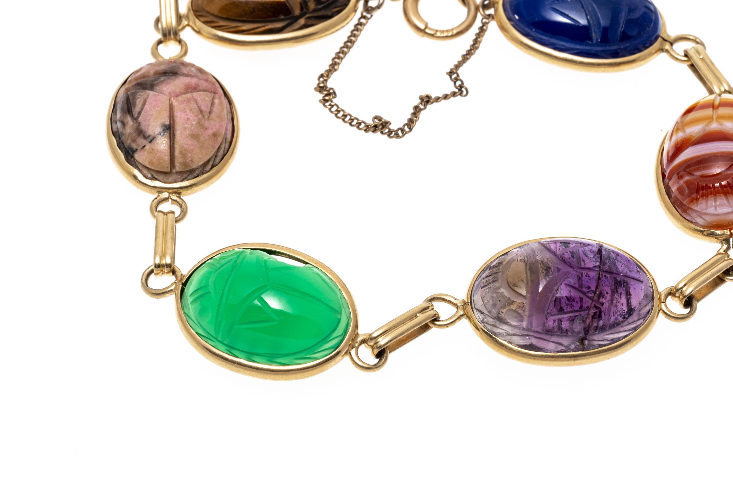 14k Yellow Gold Tigers Eye, Chalcedony, Amethyst and Agate Scarab Link Bracelet In Good Condition For Sale In Southport, CT