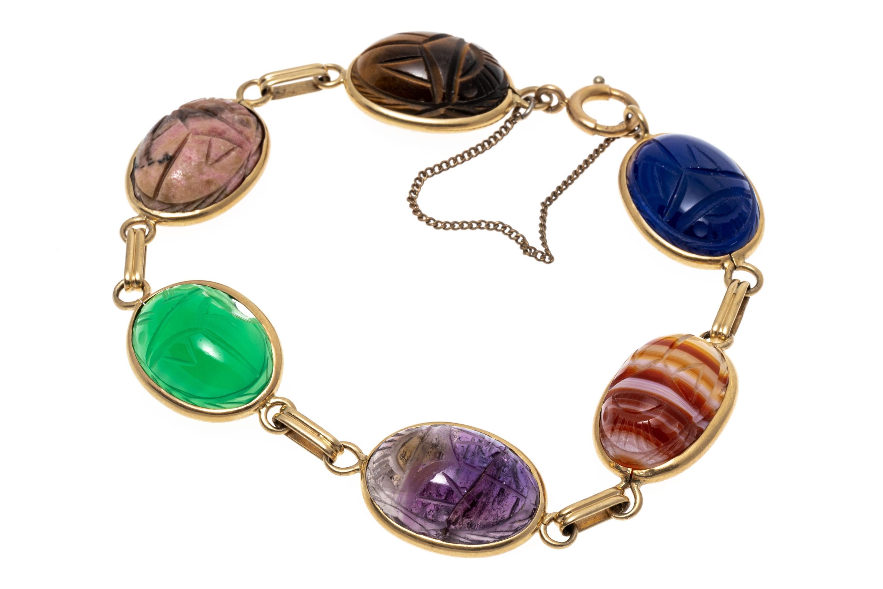 Women's 14k Yellow Gold Tigers Eye, Chalcedony, Amethyst and Agate Scarab Link Bracelet For Sale
