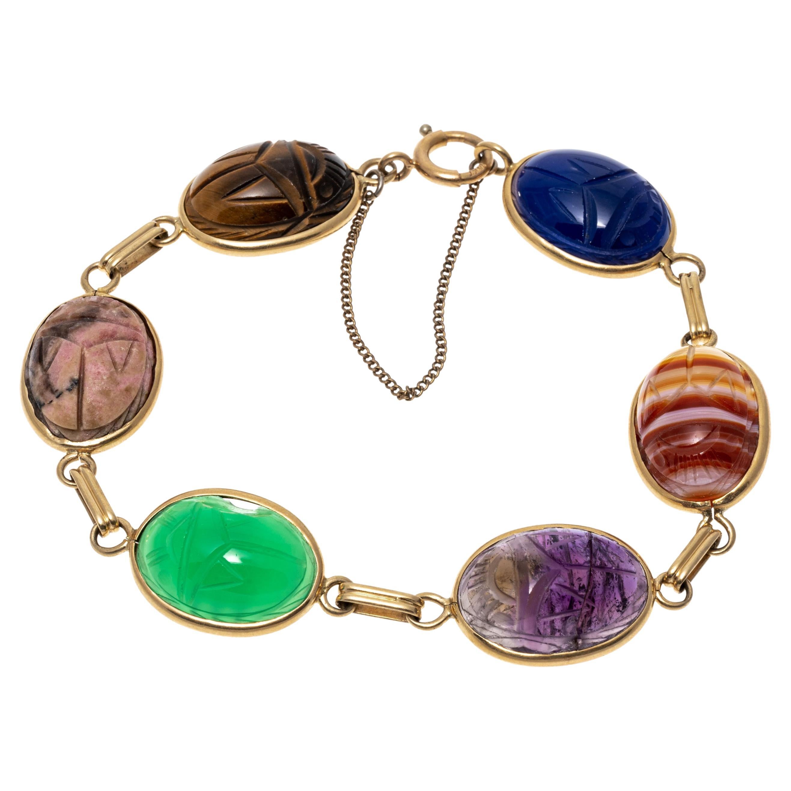 14k Yellow Gold Tigers Eye, Chalcedony, Amethyst and Agate Scarab Link Bracelet For Sale