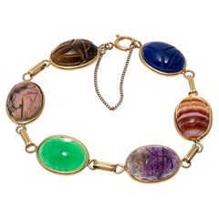 Vintage 14k Yellow Gold Tigers Eye, Chalcedony, Amethyst and Agate Scarab Link Bracelet